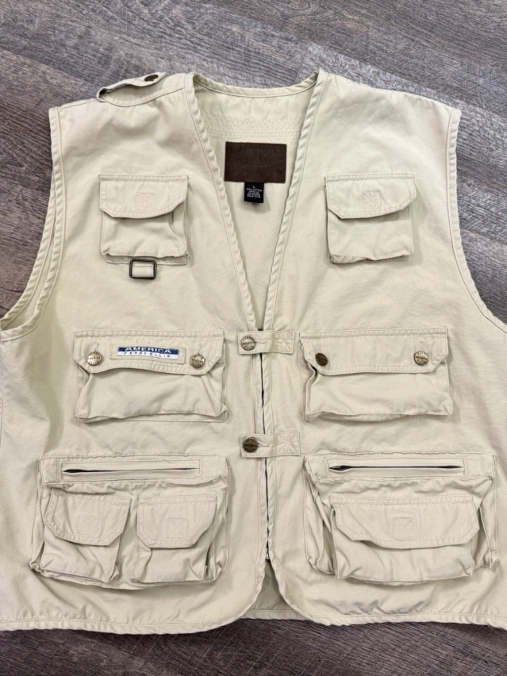 America Perry Ellis Utility Vest Mens L Tan Khaki Multi-Pocket Fishing Gorpcore
